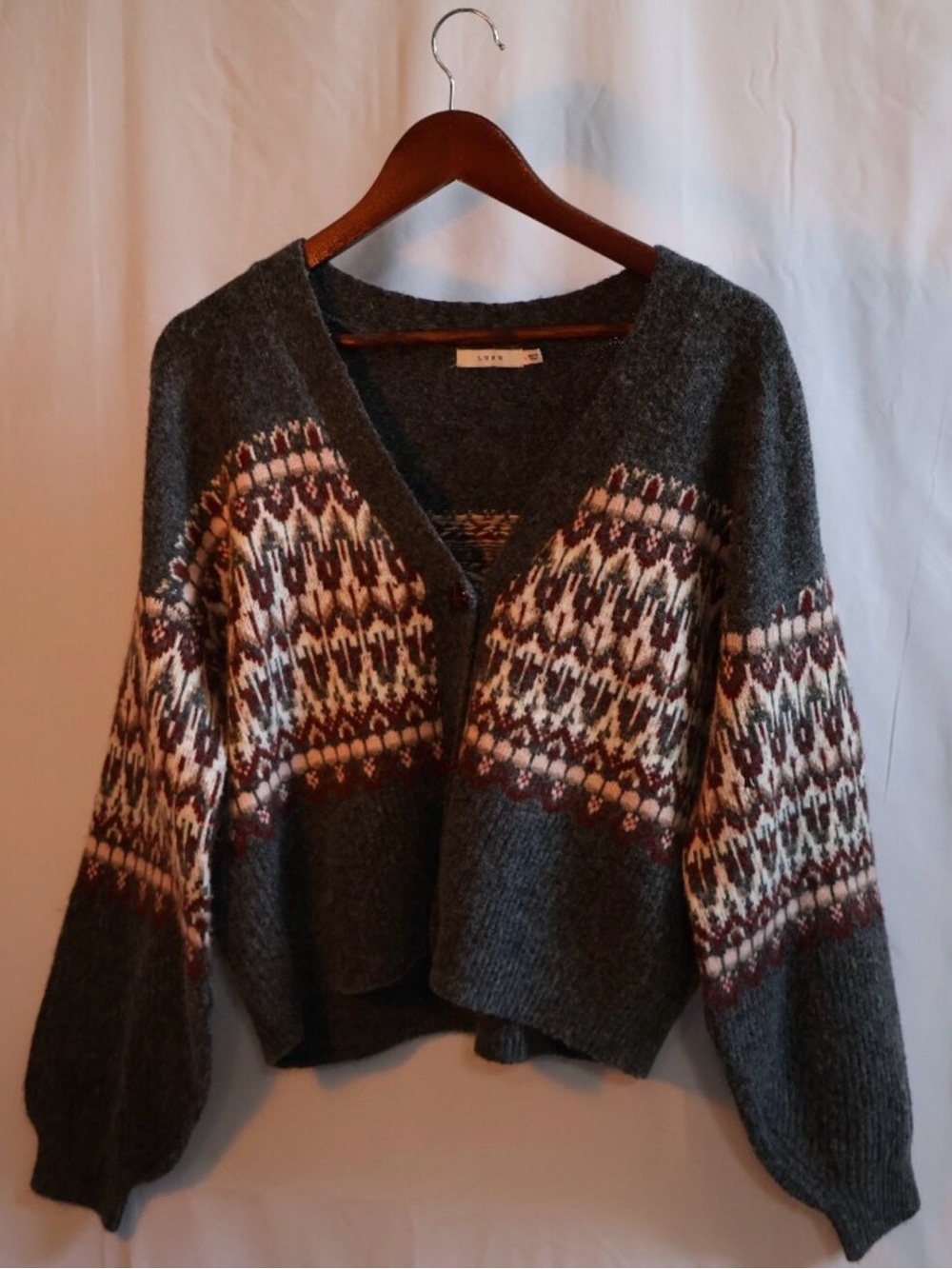 Vintage-Inspired Gray Patterned V-Neck Women's Sweater Cardigan - Large
